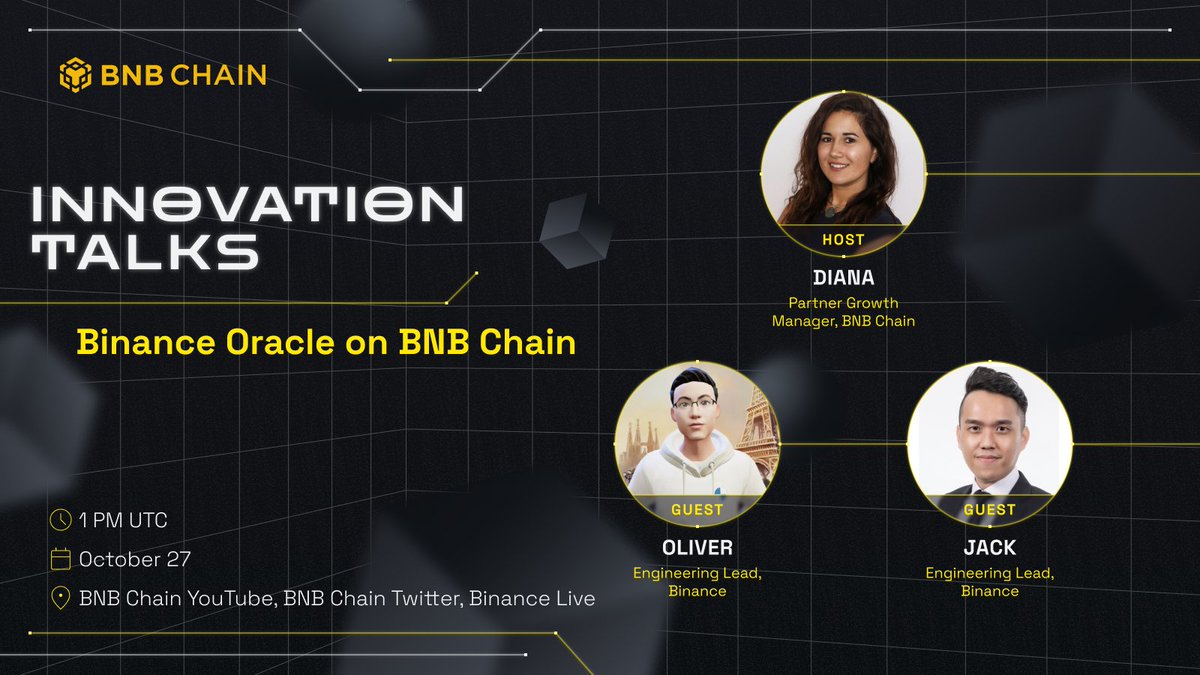 Join us tomorrow for our latest Innovation Talks to understand more about Binance Oracle on #BNBChain The development will significantly contribute to #Web3 by offering a stable, reliable, and efficient Oracle network. ⏰ 1:00 PM (UTC) 🗓️ Oct. 27th 📍 youtube.com/watch?v=BI_f0X…