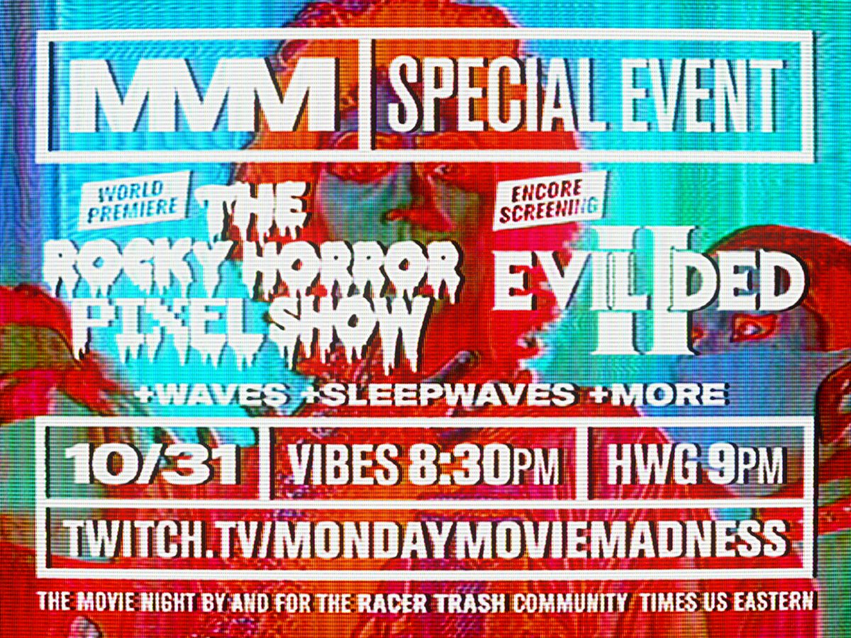 Cinema720Tweets's tweet image. On Halloween MMM is hosting the premiere of 👄 𝑻𝒉𝒆 𝑹𝒐𝒄𝒌𝒚 𝑯𝒐𝒓𝒓𝒐𝒓 𝑷𝒊𝒙𝒆𝒍 𝑺𝒉𝒐𝒘 👄 + an encore of 𝐄𝐯𝐢𝐥 𝐃𝐞𝐝 𝐈𝐈 + waves + sleepwaves 🌊📼🎨 starting at 8:30p edt 🕣 follow MMM on Twitch to get notified when the stream starts twitch.tv/MondayMovieMad…