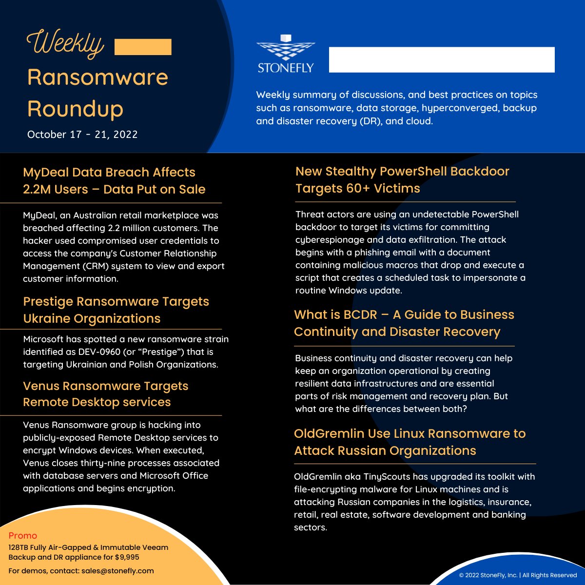 StoneFlyInc's tweet photo. MyDeal data breach affects 2.2M users, Prestige ransomware targets Ukraine organizations, Venus ransomware targets remote desktop services, and more in this week's ransomware roundup. For details, visit: https://t.co/OMIoXSxIuL
#MyDeal #Prestige #Venus https://t.co/7QfcsFMXs5