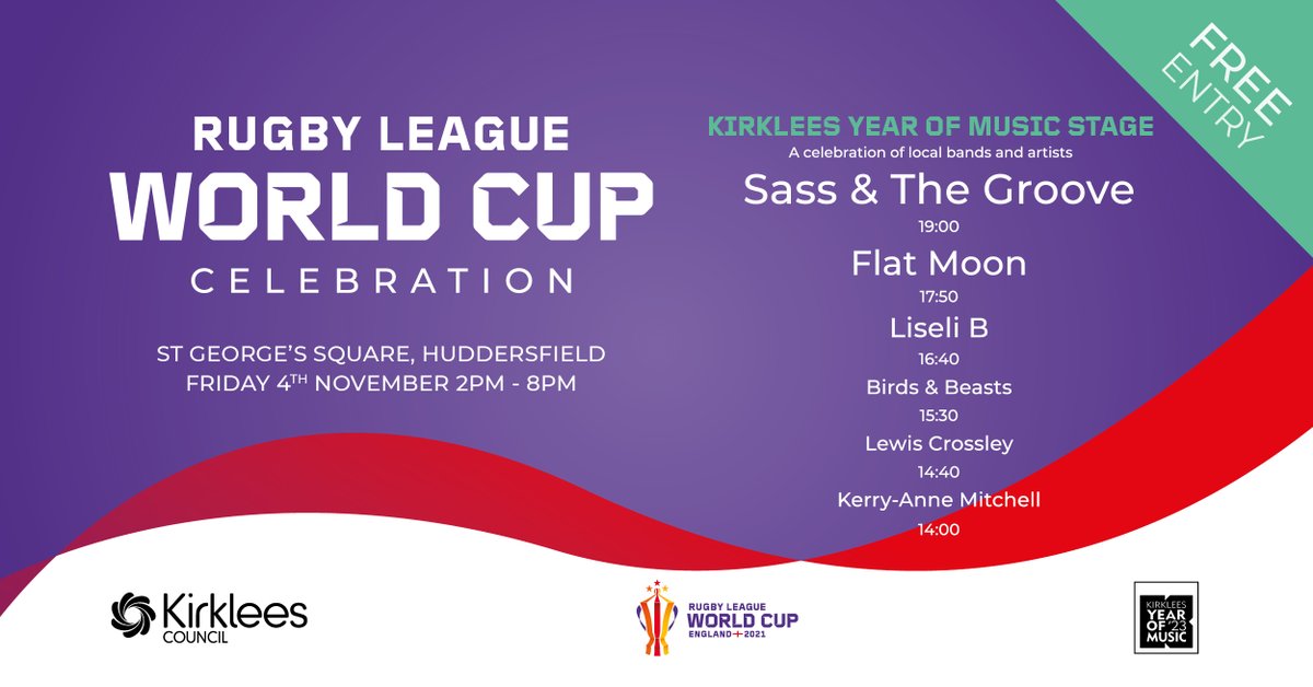 Join Kirklees this Autumn to celebrate the Rugby League World Cup! Friday 4th November, St George's Square, Huddersfield 
Visit creativekirklees.co.uk for further information