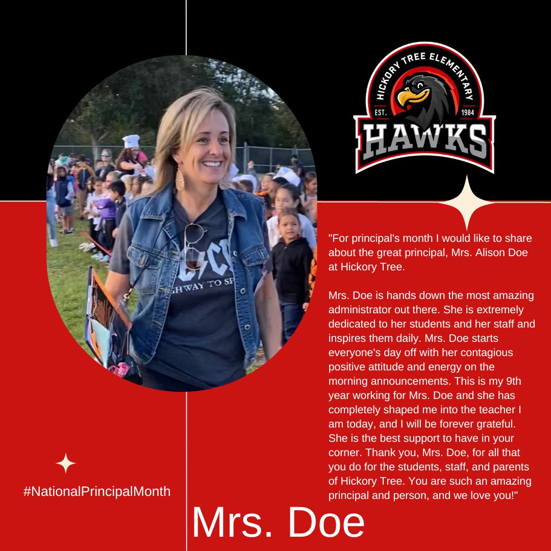 Mrs. Doe at Official Hickory Tree Elementary believes it's important  for her students and staff to start each day with a smile.  #SDOCGoodtoGreat #NationalPrincipalMonth