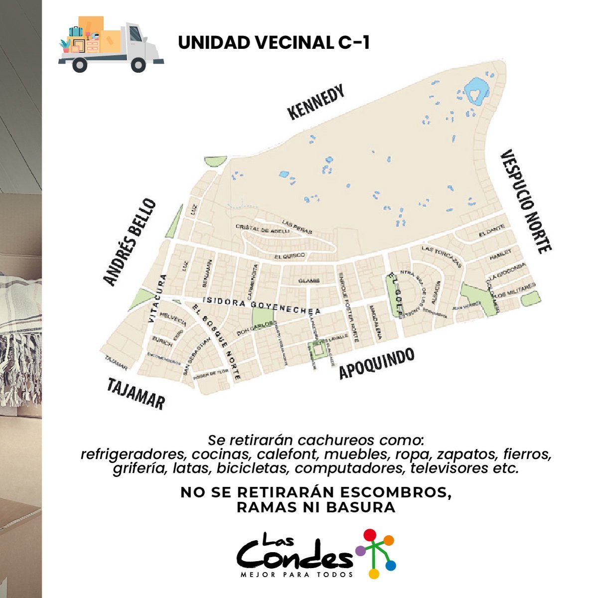 👀 ¡Atención vecinos de la UV C- 1! Este sábado 29/10, entre 8 y 16 horas, recogeremos lo que ya no ocupen en su hogar. 🚛🚍
 
¡RECUERDEN DEJAR LAS COSAS FUERA DEL DOMICILIO ANTES DEL MEDIODÍA! ⏰

Más info 👉 bit.ly/325Ecbw 

#LasCondesTeCuida #LasCondesVerde

<a href="/LC_aseo/">Dirección de Aseo</a>