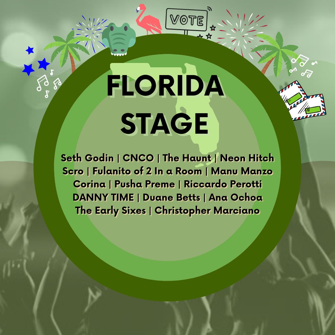 First up for our #iVoted Festival Stage Spotlight we have the #Arizona Stage, Bayou Mountain Stage &amp; #Florida Stage!

Can’t wait to see <a href="/CNCOmusic/">CNCO</a>, <a href="/ThisIsSethsBlog/">Seth Godin</a>,Olympic🥇Medalist <a href="/Lydiaalicee_/">Lydia Jacoby</a>, <a href="/tweetmesohard/">Twiztid</a>, <a href="/3OH3/">3OH!3</a>,<a href="/JohnMorningBear/">Morning Bear</a> &amp; more!

#RSVP HERE:bit.ly/iVotedEarly