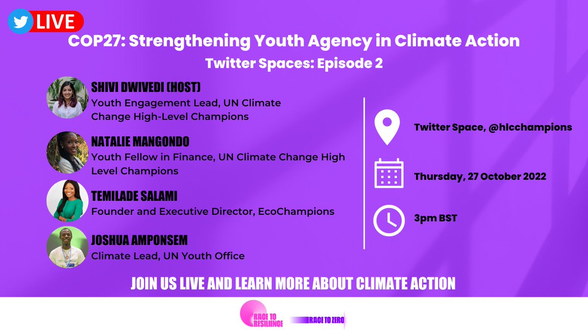 ‘#COP27: ​​Strengthening Youth Agency in #ClimateAction’ Join us for episode 2 of our #TwitterSpaces series, where we’ll bring together different youth actors to spotlight the importance of their roles at COP27 and beyond. 🗓️Thu 27th Oct - 3pm BST twitter.com/i/spaces/1rmGP…