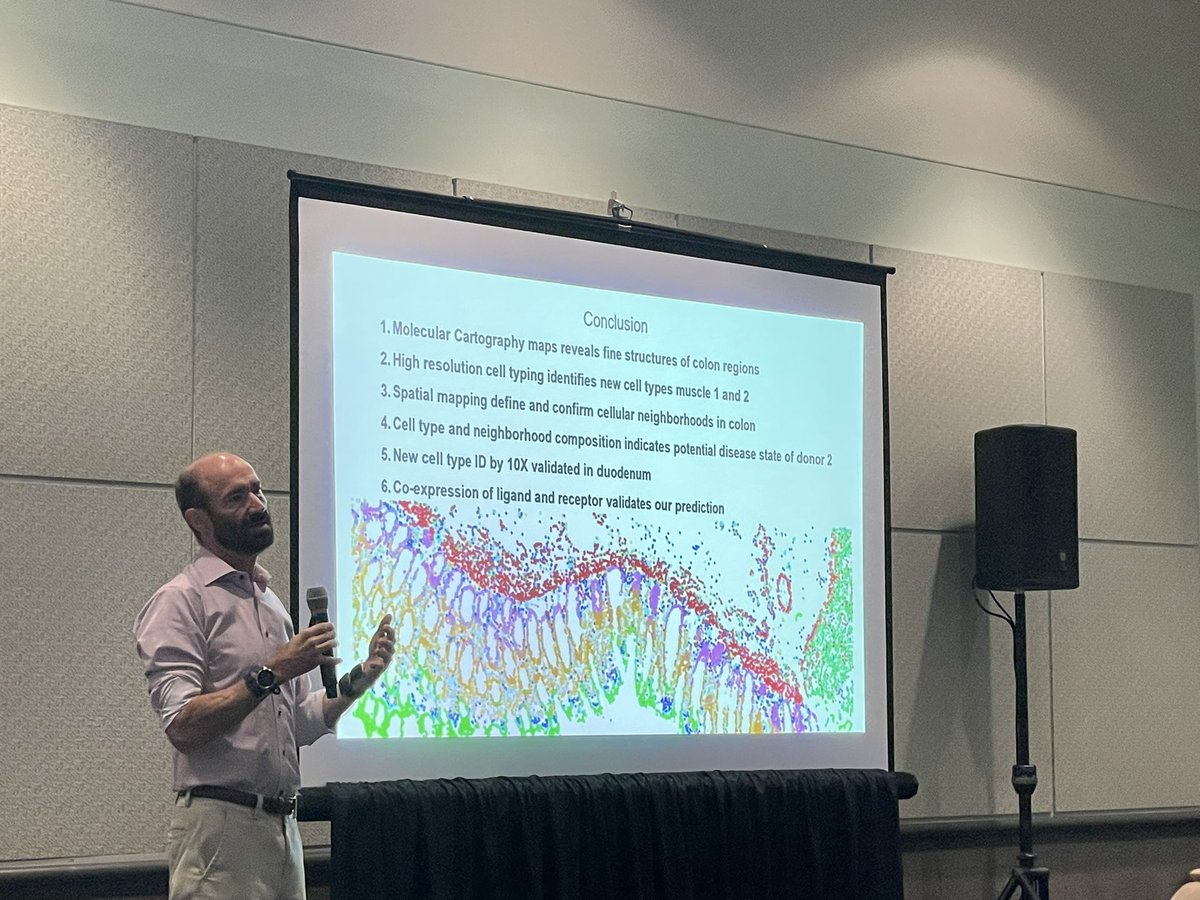 ResolveBioSci's tweet photo. #ashg22 workshop: as part of the @_hubmap project, Prof. Dr. Mike Snyder @SnyderShot @Snyder_Lab_SU @Stanford presented how to apply spatial transcriptions to reveal detailed structure in the colon. Combining scRNAseq data, he identified and mapped new cell types in the colon. https://t.co/J8n0sbLG73