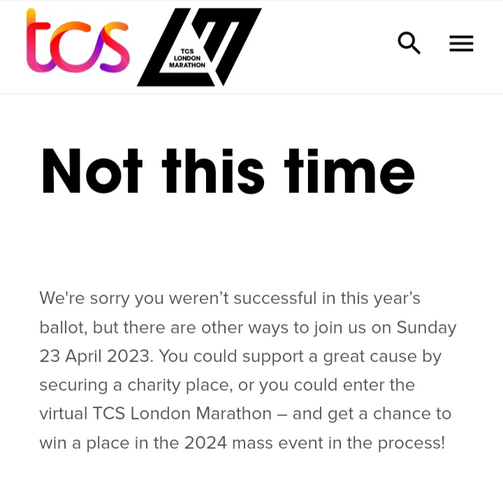 BrendonDavey's tweet photo. Disappointed but not surprised. 8th 'not this time' email from London Marathon. https://t.co/88y6kBF1wZ