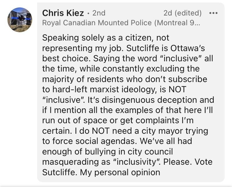 Leenintome2's tweet photo. @AbeOudshoorn His recent comments on LinkedIn all showing a very clear bias on mayor, policing, rcmp, teachers etc…. https://t.co/5yLmJ2cx1x