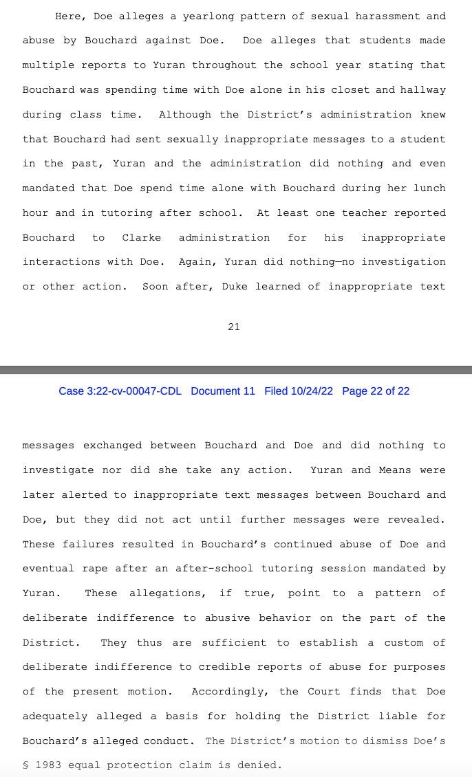 GA Federal DCT denies School's MTD finding that it was deliberately indifferent to Teacher on Student harassment & assault under #TitleIX. Ct also allows P's 1983 Equal Protection claim to survive holding that continued DI by HR & district established the requisite Custom. #EdLaw