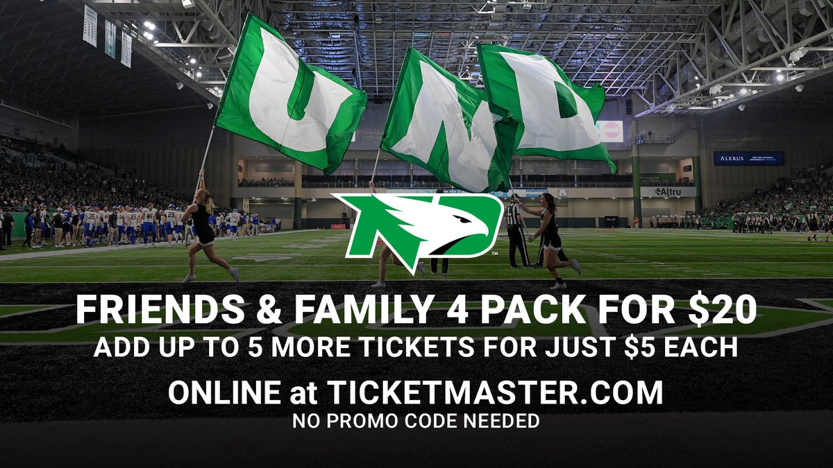 Bring the kids and invite your friends! Friends & Family 4-Pack of tickets is still available for Football vs. Abilene Christian on 10/29 ! 🔗bit.ly/3gOtsde ℹ️ No promo code needed #UNDproud | #LGH