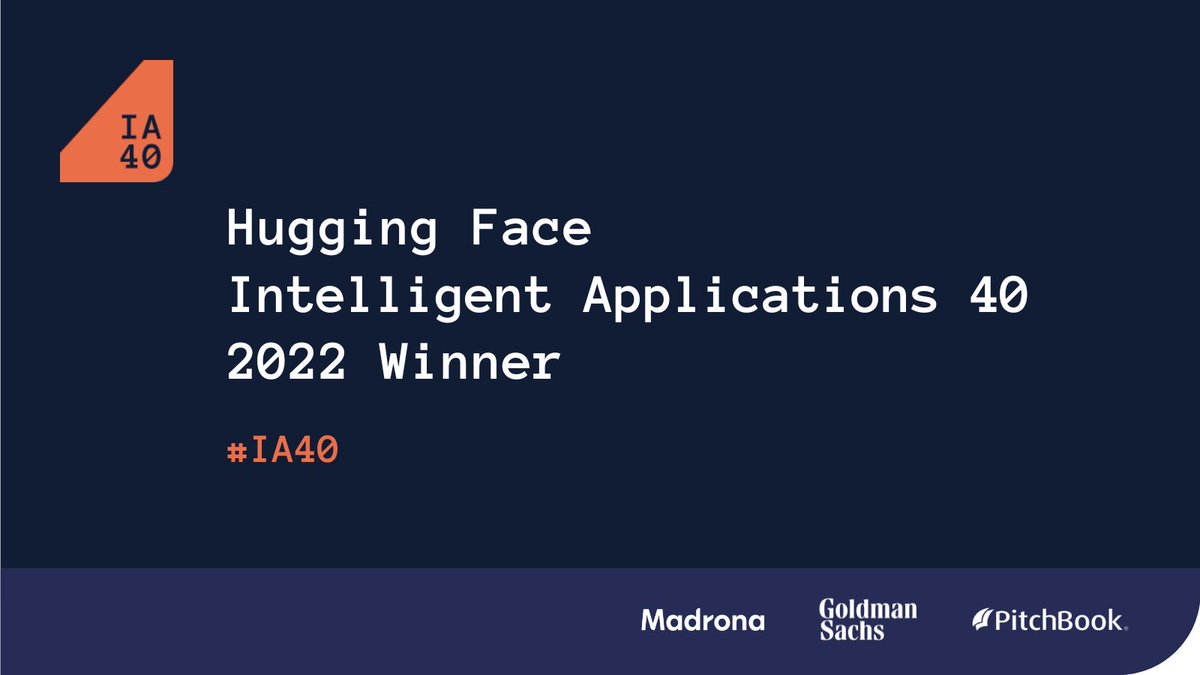Proud to share that @huggingface made @MadronaVentures’ 2022 Top 40 Intelligent Applications list for the second consecutive year! #IA40 madrona.com/ia40-2022/