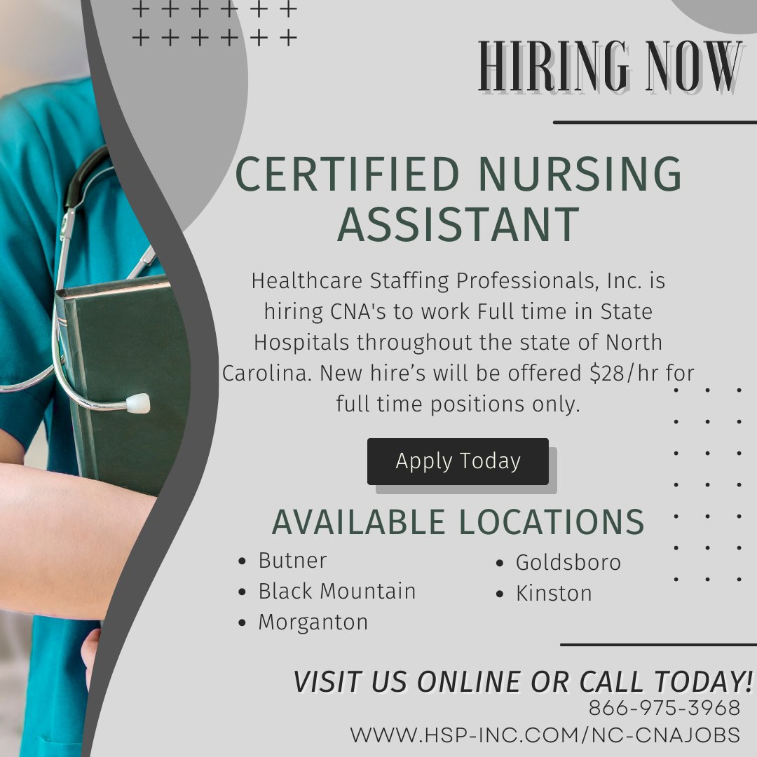 Calling all Certified Nursing Assistants🏥 We are hiring qualified CNAs for this great opportunity with 5 open locations. We offer weekly pay and great benefits. Apply Today! 📞866-975-3968 💻hsp-inc.com/nc-cnajobs #certifiednursingassistant #CNA #nursing #nursingassistant