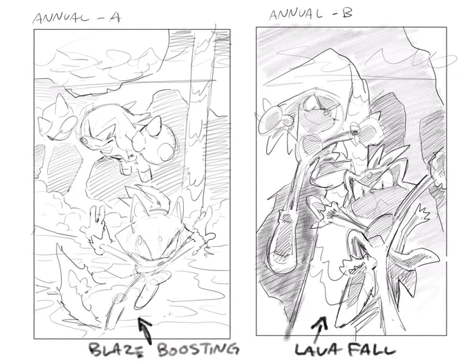 Also, here's my work on the Sonic 2022 Annual cover. These poses turned out really tough to nail down. I only inked the characters and did the background with no lines. You'll see I intended at first to have the rocks look just like the in-game art, but it just wasn't working. 