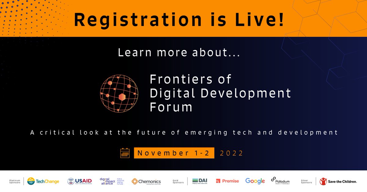 🔔Join <a href="/TechChange/">TechChange</a>, <a href="/USAID/">USAID</a>, @Chemonics, @DIAL_community, <a href="/DAIGlobal/">DAI</a>, <a href="/premisedata/">Premise</a>, <a href="/Google/">Google</a>, <a href="/PalladiumImpact/">Palladium</a>, and  <a href="/save_children/">Save the Children International</a> for the 1st hybrid (virtual &amp; DC) Frontiers of Digital Development Forum #FDDF2022 focused on aspirational #tech🤖&amp; its utility👨‍💻.
