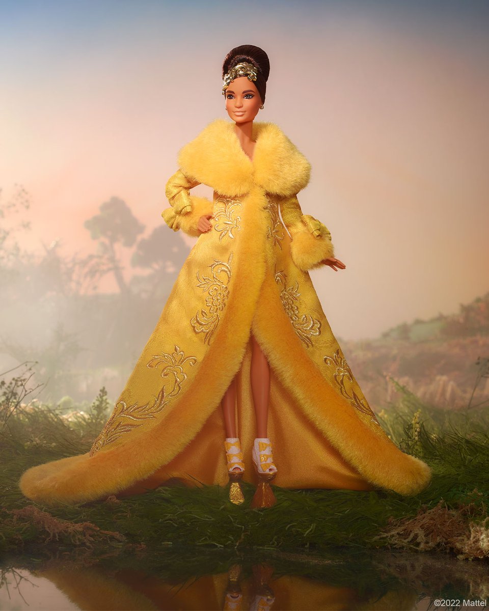 Barbie's tweet image. Resplendence. Royalty. Renown 🌼 #Barbie &amp;amp; legendary couturier Guo Pei reunite for a second Signature doll, inspired by the world-famous Yellow Empress gown, now making its doll-sized debut exclusively on Mattel Creations: dolltasti.cc/3U1Nq2P
