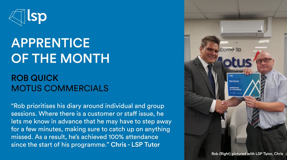 A huge well done to Rob, who was awarded as our Apprentice of the Month in August! Rob is currently completing his Level 3 Team Leader/ Supervisor programme with Motus Commercials and was nominated by his Tutor, Chris. 👏

Read the full nomination here: ow.ly/wqYc50LlCFx