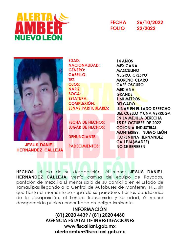 Se activa #AlertaAmber para la localización del menor Jesús Daniel Hernández Calleja, de 14 años de edad. ¡¡¡Comparte!!!