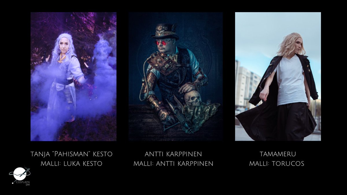 Esikarsinnasta finaaliin päässeitä Vuoden Cosplay-kuva -ehdokkaita Cosplayn SM-kisoissa tuomaroivat:

✨ Tanja ”Pahisman” Kesto
✨ Antti Karppinen
✨ Tamameru

Tutustu tuomareihin sivuillamme: cosvision.fi/cosplaynsm/vuo…