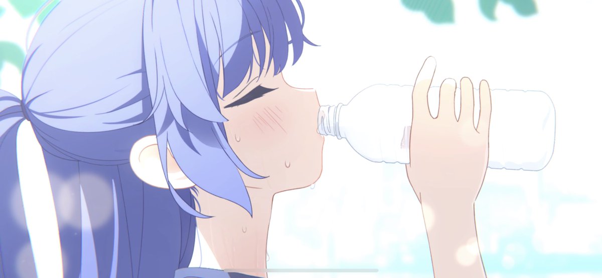 yuuka (blue archive) 1girl bottle solo water bottle closed eyes holding bottle sweat  illustration images