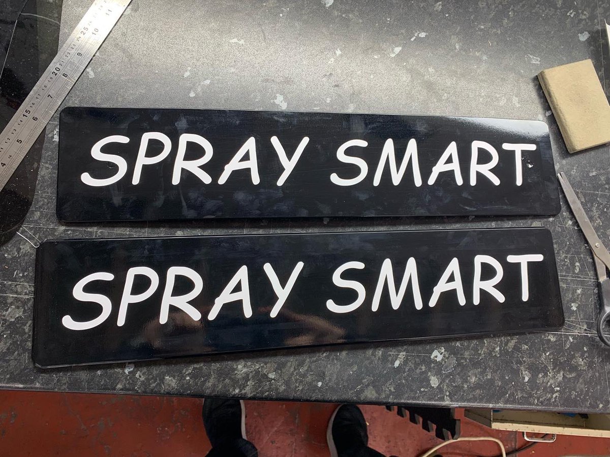 MerseyTints's tweet image. Little job today for @spraysmart_refinishing for bespoke number plates. 2 old number plates to wrap black + business name in white so he could cover customers plates when taking photos. This protect cars from potentially being cloned and also puts the business name in every shot.