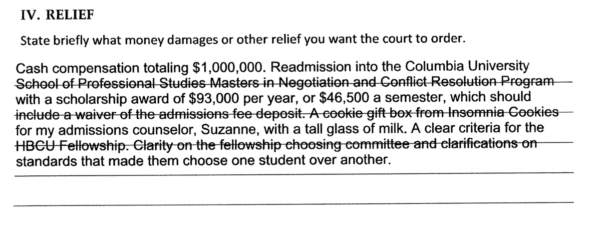 Pro Se #TitleVI Complaint filed against Columbia University has the sweetest* request for relief i've seen in a while. Complainant asks for (among other things) 1,000,000 dollars, a cookie gift box, and a tall glass of milk. Excited to follow this case. #EdLaw