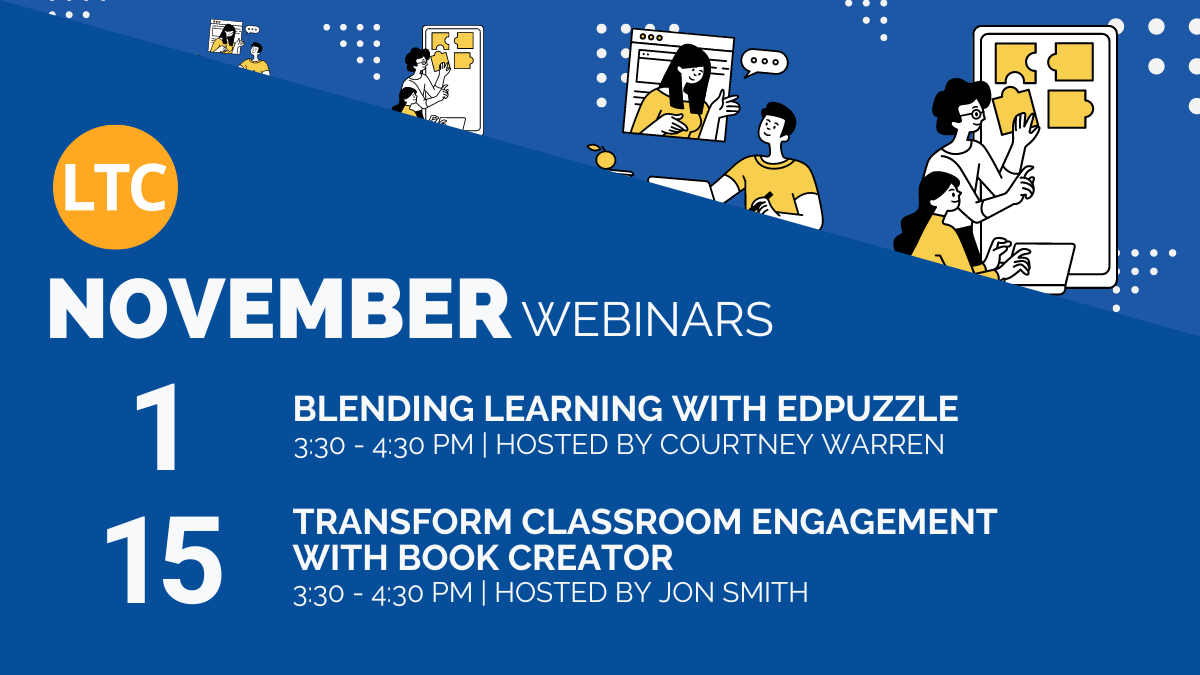 ltcillinois's tweet photo. COMING UP IN NOVEMBER: TWO free webinars featuring TWO of today’s most popular classroom apps! 

🧩 11/1 Discover how @edpuzzle can transform your blended learning experience 

📖 11/15 Explore @BookCreatorApp best engagement features 

REGISTER ▶️ https://t.co/cXsx5oXI4M https://t.co/ZO37prjbX7