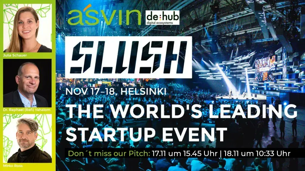 asvin sends @mirko_ross, @RaphaelYahalom and Julia Schauer into the race for the world's leading startup event #Slush2022.  
Meet them in Helsinki on November 17-18 and learn more about asvin's #cybersecurity solution for #AI, #IoT
https://t.co/7sIjwuu2PZ  

@SlushHQ 
@GITAI_HQ https://t.co/WxmIYFMHyC