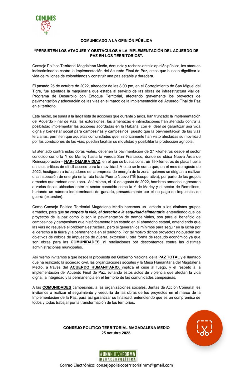 comun_paz's tweet photo. *COMUNICADO A LA OP PÚBLICA*
El Consejo Político Territorial Magdalena Medio, denuncia y rechaza ante la opinión pública, los ataques indiscriminados contra la implementación del *Acuerdo Final de Paz*, estos que buscan *dignificar la vida de millones de colombianos/as. https://t.co/6xB4UUquN3
