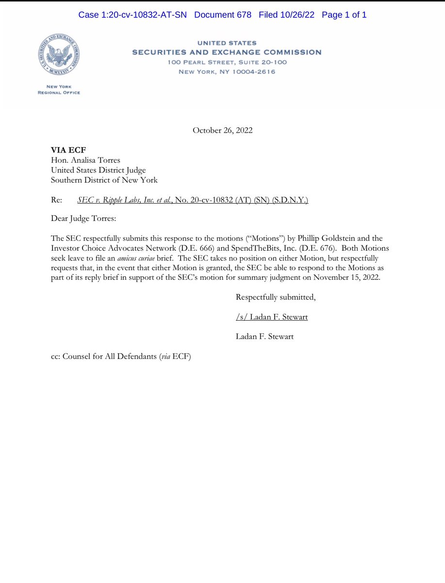 FilanLaw's tweet photo. #XRPCommunity #SECGov v. #Ripple #XRP The SEC takes no position on the motions to file amicus briefs by the Investor Choice Advocates Network and SpendTheBits, Inc., but requests that it be able to respond in its reply brief in support of the SEC's motion for summary judgment. https://t.co/iKid0QTVUt