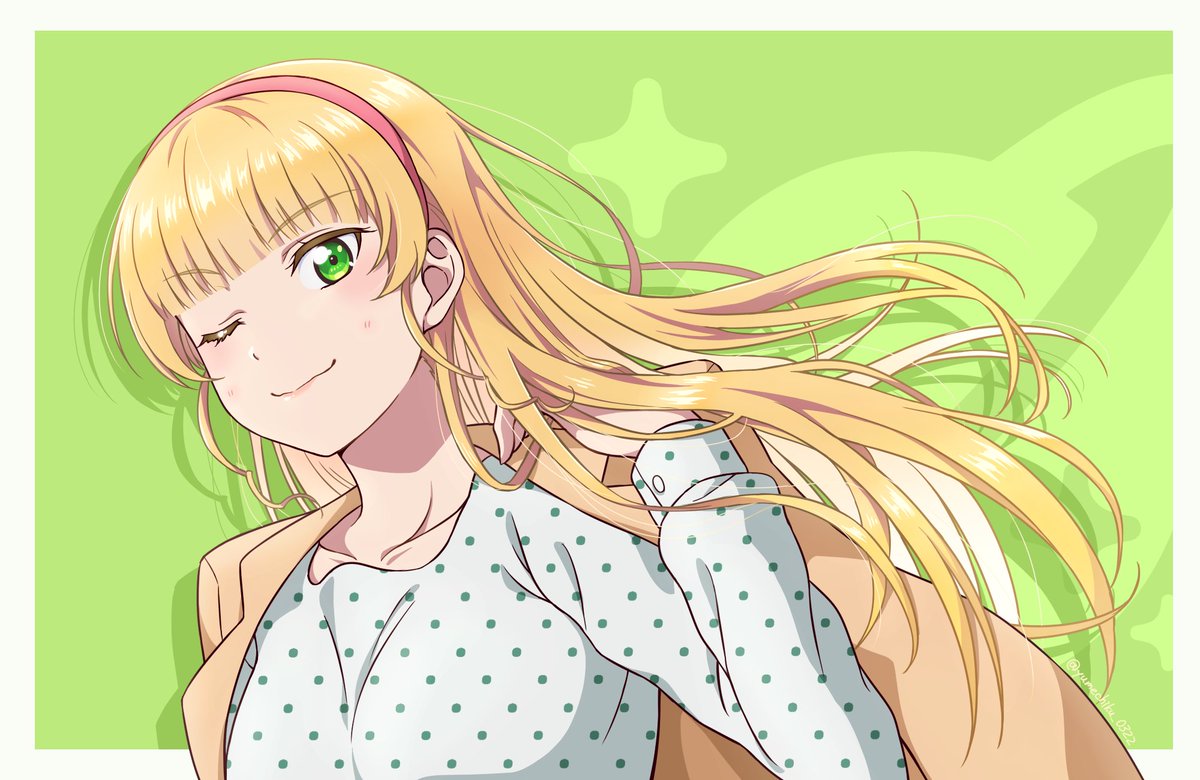 1girl blonde hair long hair green eyes solo one eye closed hairband  illustration images