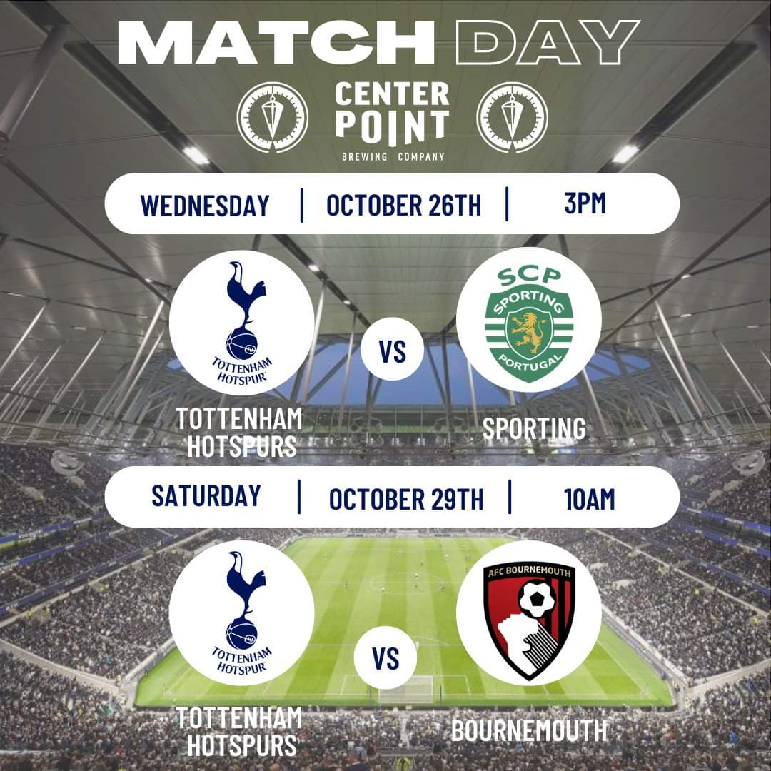 Centerpoint Brewing (@centerpointbrew) on Twitter photo 2 more matches this week to come and cheer on <a href="/SpursOfficial/">Tottenham Hotspur</a> here at Centerpoint Brewing with the <a href="/IndySpurs/">Indy Spurs</a>! Join us today and Saturday in our pet friendly, family friendly tap room.
#COYS #TottenhamHotspur #Tottenham #GoCoys 2 more matches this week to come and cheer on <a href="/SpursOfficial/">Tottenham Hotspur</a> here at Centerpoint Brewing with the <a href="/IndySpurs/">Indy Spurs</a>! Join us today and Saturday in our pet friendly, family friendly tap room.
#COYS #TottenhamHotspur #Tottenham #GoCoys