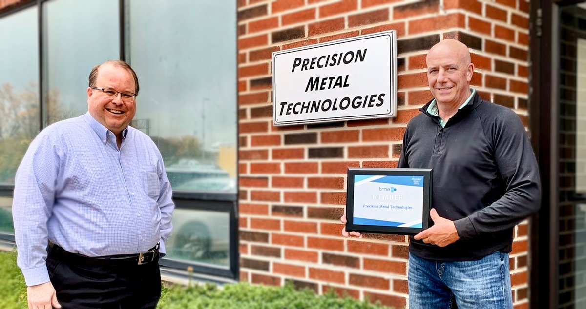 TMAInfo's tweet photo. #TMA22's Chris Murin (L) recently connected  with Tim Perry (R), Pres. of Precision Metal Technologies, Inc. to welcome them as a new member. Precision Metal in Rolling Meadows specializes in designing, manufacturing and producing small to medium-metal prototypes.
#Manufacture https://t.co/O4AhNpdBbK