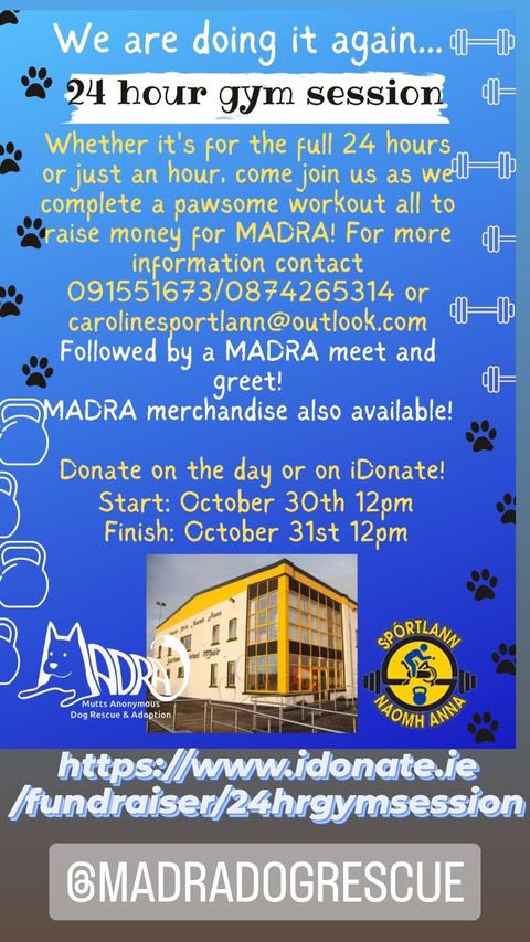 Caroline and the amazing team @Sportlann in #Lettermore are flexing their muscles to raise funds for MADRA this weekend Their 24 hour workout starts at noon this Sunday until Monday 31st 🐶🏋️‍♀️ Donate a fiver, if you can:👉 idonate.ie/fundraiser/24h… #MADRA #fundraiser #Connemara