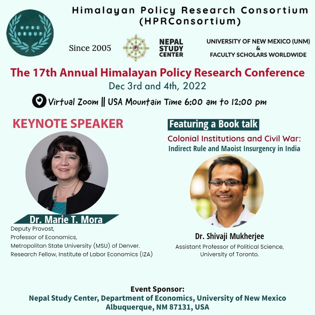 HprcGroup's tweet photo. 🔔17th Annual Himalayan Policy Research Conference (HPRC) Zoominar📢KEYNOTE SPEAKER &amp; BOOK TALK📢

We are so excited to have Dr. Marie T. Mora and Dr. Shivaji Mukherjee as our special guest speakers! 

Zoom register: https://t.co/PZSYMIT6cQ

#Econ #Policy #Research https://t.co/8nJSO2OXpo