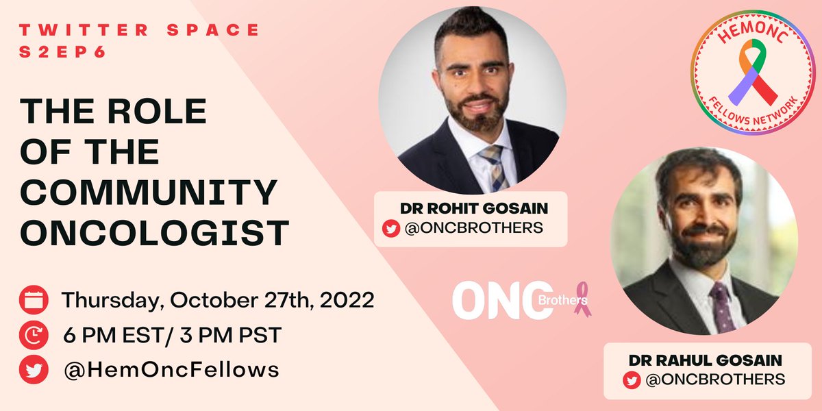 Join our space on the role of the community oncologist with @OncBrothers this Thursday, October 27 at 6 PM ET

Join our newsletter docs.google.com/forms/d/e/1FAI…

#HOFellows Team: @msalmanfaisal @AndreaAnampaG @KarunNep @ADesaiMD @ManniMD1 
#OncTrainee #OncMedEd  #HemOnc #GIonc #MedEd