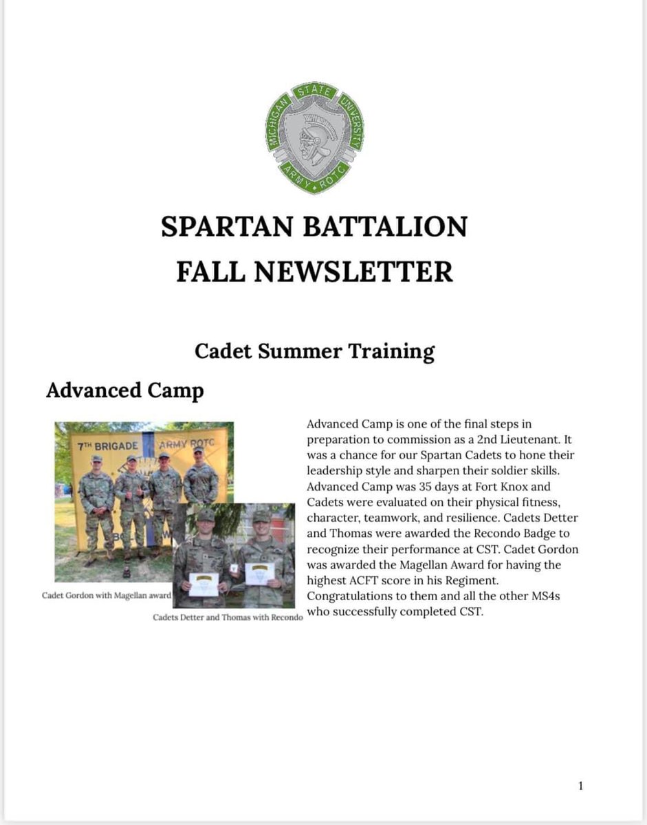 MSUArmyROTC's tweet photo. Check out some highlights from the Spartan Battalion Fall Newsletter! GO GREEN!
#army #ROTC #ArmyROTC #spartanbattalion #gogreen #gowhite #MSU #michiganstateuniversity #MichiganState #7thbrigade #boldwarriorbrigade #newsletter https://t.co/MtNPax1Z2p