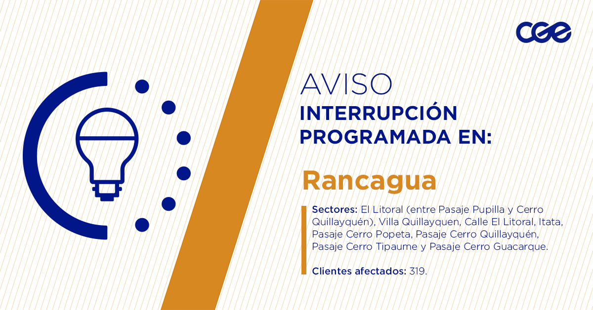 CGE_Clientes's tweet photo. Para mejorar la calidad del suministro de nuestros clientes de #Rancagua, este jueves, entre 11:00 y 17:00 hrs, se realizará una #InterrupciónProgramada (sectores en la imagen 👇) debido a trabajos de mejoras. Esto afectará a 319 clientes. Recuerda desconectar tus artefactos 🔌 https://t.co/TWQyjiI0kJ