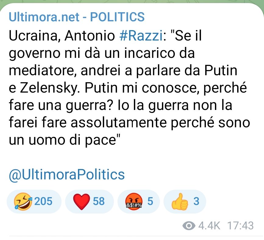 rosa_menga's tweet photo. ...Avevamo la soluzione a portata di mano per risolvere il conflitto e non ci abbiamo pensato!
Ma sì, é proprio lui: l'ex senatore che denunciò la compravendita dei parlamentari messa in atto da #Berlusconi ...
Basta missili, mandiamo #Razzi !
#StopWar #Putin #Zelensky https://t.co/RpYNg9DvAz