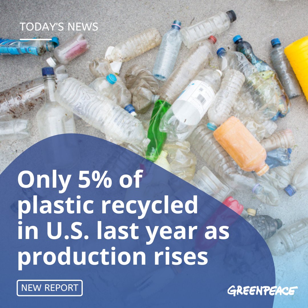 greenpeaceusa's tweet photo. Is plastic recycling a dead-end street? New Greenpeace report finds that only 5% of plastic was recycled in the U.S. last year.

It’s time for corporations to phase-out single-use plastics and invest in reuse and refill solutions!⁣
⁣
Read more👉 https://t.co/zr3DrLcDnT https://t.co/My39y9LVqt