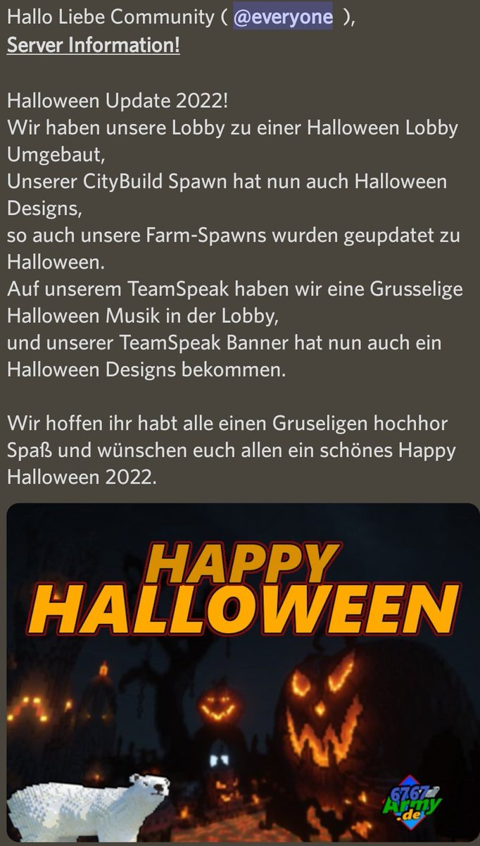 frostareanet's tweet photo. Hallo Liebe Community
Server Information!

Halloween Update 2022!

Wir hoffen ihr habt alle einen Gruseligen hochhor Spaß und wünschen euch allen ein schönes Happy Halloween 2022.

#6767ArmyDE #6767Army #halloween #server #netzwerk #onlineserver #mc #minecraft @Philipp6767 https://t.co/76BVV5eb4Z