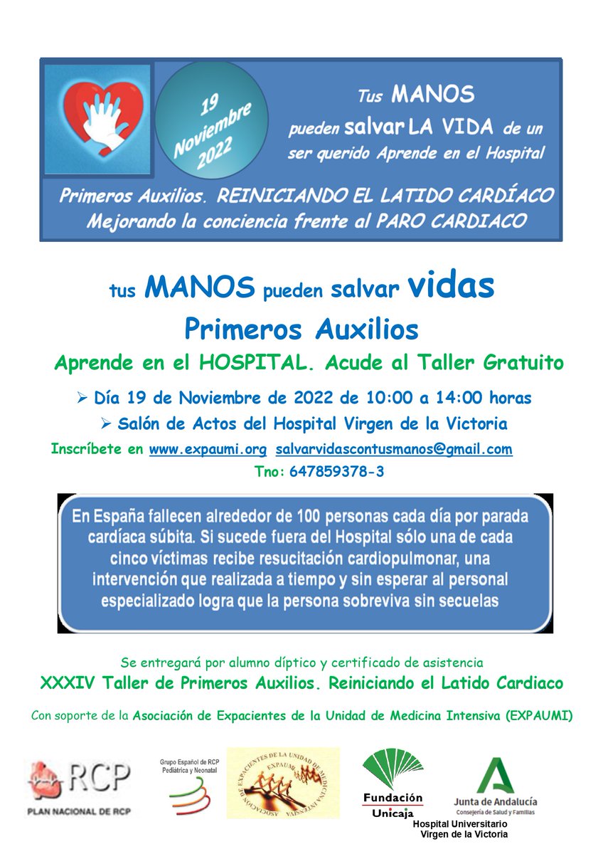 Expaumi_'s tweet photo. Si aún no has tenido la oportunidad de asistir a unos de nuestros cursos de formación en #RCP, te esperamos el día 19 de noviembre en el @HUVV_SAS. Se requiere inscripción, información en cartel. Gracias a @FundUnicaja  #salvarvidascontusmanos https://t.co/CTtyQzCwYy