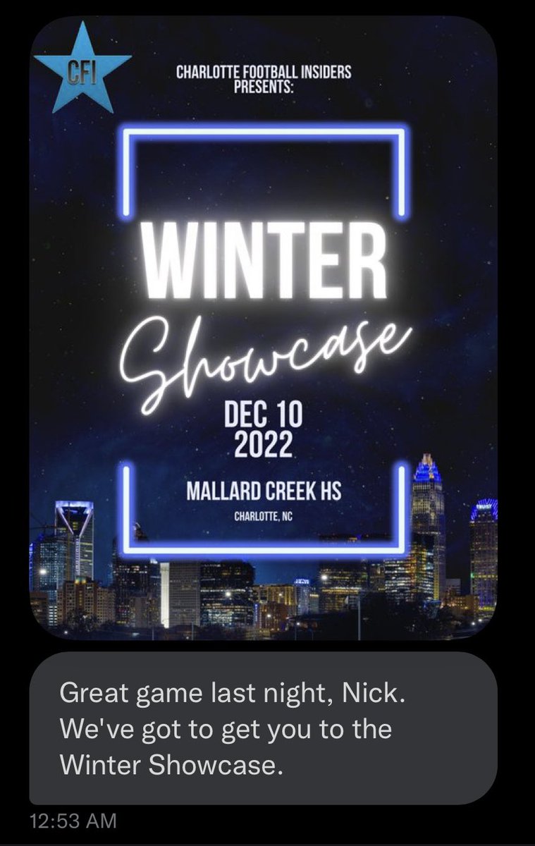 Nick Reid (@nickreid_12) on Twitter photo Thank you <a href="/KennethMcClamro/">Kenneth McClamrock</a> & <a href="/pepman704/">Matt Morrow</a> for the invite to the Winter Showcase. I can’t wait to show out! <a href="/hester_chip/">Chip Hester</a> <a href="/CoachBlake41/">David Blake</a> <a href="/Coach_J_Clark/">Coach Justin Clark</a> <a href="/coacheaton1/">Scot Eaton</a> <a href="/coach_hoferFB/">Jack Wellenhofer</a> <a href="/Coach_CainOL/">Coach CJ Cain</a> <a href="/CoachShiffman/">Tony Shiffman</a> <a href="/CoachTrotter75/">Austin Trotter</a> <a href="/PineLakePrepFB/">Pine Lake Prep Football</a> <a href="/CoachRMooreNCSA/">Randy Moore</a> <a href="/ncsa/">NCSA College Recruiting</a> Thank you <a href="/KennethMcClamro/">Kenneth McClamrock</a> & <a href="/pepman704/">Matt Morrow</a> for the invite to the Winter Showcase. I can’t wait to show out! <a href="/hester_chip/">Chip Hester</a> <a href="/CoachBlake41/">David Blake</a> <a href="/Coach_J_Clark/">Coach Justin Clark</a> <a href="/coacheaton1/">Scot Eaton</a> <a href="/coach_hoferFB/">Jack Wellenhofer</a> <a href="/Coach_CainOL/">Coach CJ Cain</a> <a href="/CoachShiffman/">Tony Shiffman</a> <a href="/CoachTrotter75/">Austin Trotter</a> <a href="/PineLakePrepFB/">Pine Lake Prep Football</a> <a href="/CoachRMooreNCSA/">Randy Moore</a> <a href="/ncsa/">NCSA College Recruiting</a>