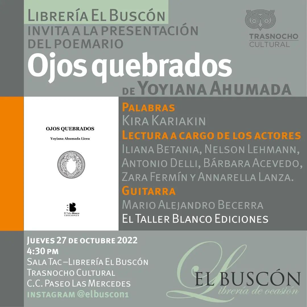 BlancoTaller's tweet photo. Nuestra autora @yoyiahu  presentará en Caracas «Ojos quebrados». Las palabras de presentación estarán a cargo de @kirakar. Lugar: Sala TAC-Librería El Buscón. @PENVenezuela https://t.co/pC1m7HSfwO