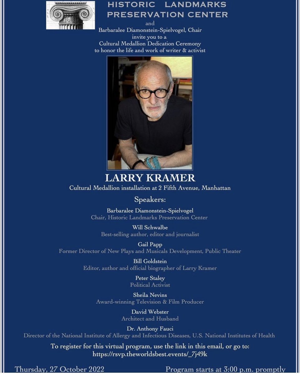 Tomorrow, a Cultural Medallion will be dedicated in honor of activist and author Larry Kramer, who died in 2020. A list of incredible speakers (including my big brother @WillSch) will share stories about how Larry fought to change history. And won. tinyurl.com/28ak2wwd