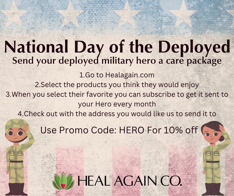 HealAgainCo's tweet photo. National Day of the Deployed #military #healagain #cbd #support #troops #usa #hero #discount #healagainco #promocode https://t.co/BwvkUpr1gi