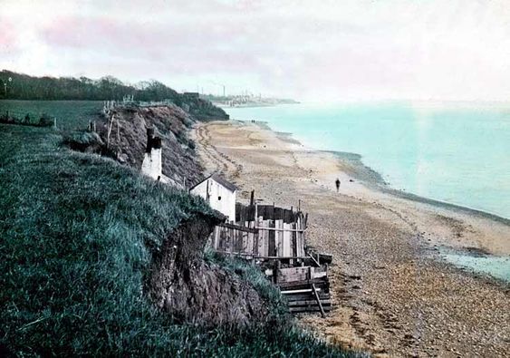 Fishermen's cottages, Otterspool.  This colourized picture was taken in the early 20th century.  Before the area became the Liverpool City rubbish tip and before Otterspool Promenade was built.
