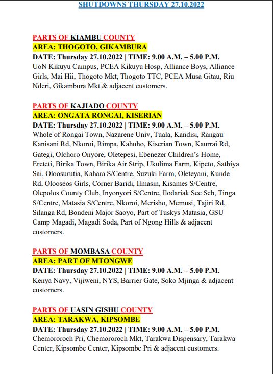 KenyaPower_Care's tweet photo. Good Evening, 
The following areas will be on a scheduled outage tomorrow, Thursday 27.10.2022 ^CM https://t.co/TN8RLMsKSn