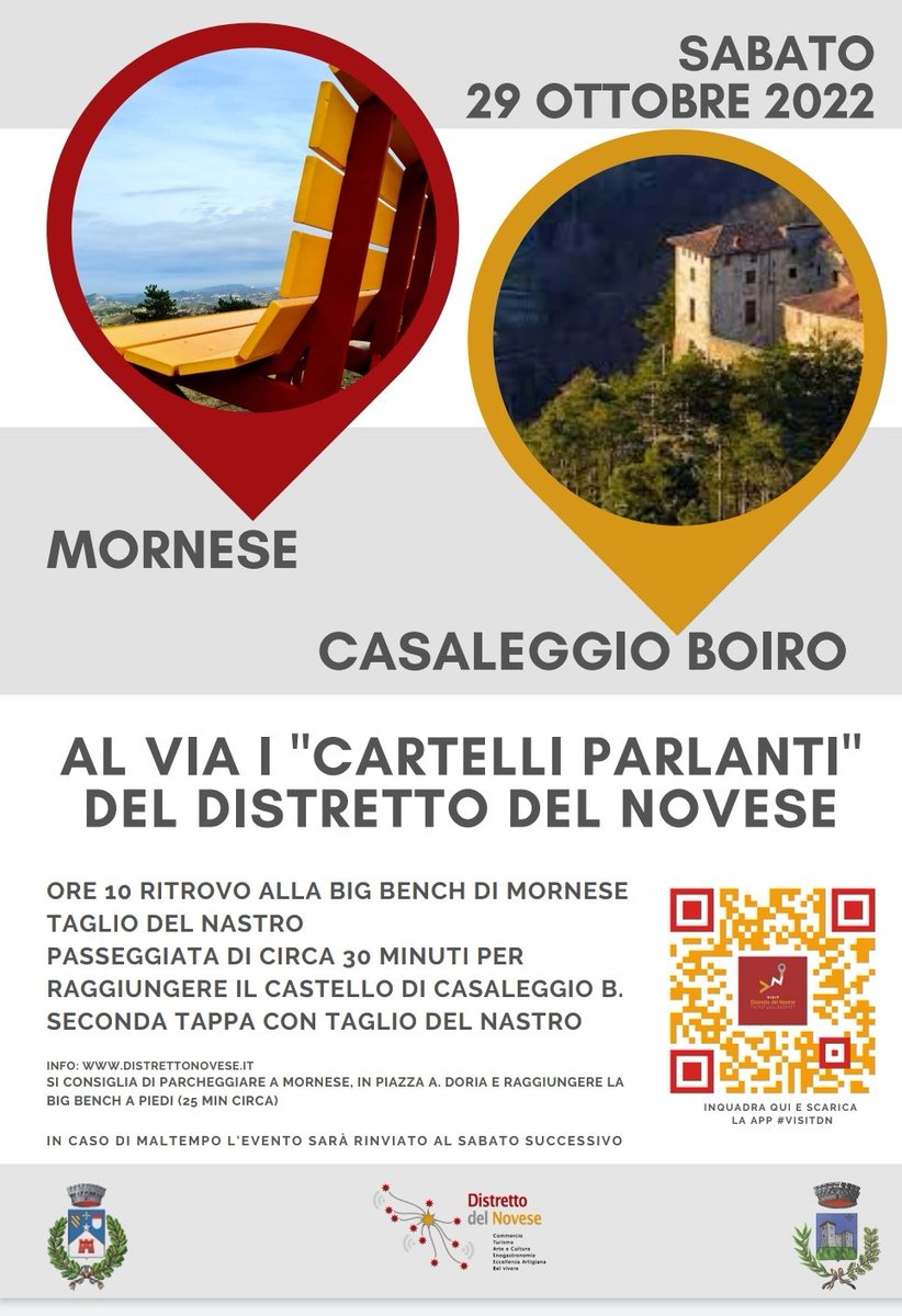 Da #Mornese a #CasaleggioBoiro
Dalla #bigbench al #castello dell'Innominato
Vi aspettiamo Sabato 29 ottobre 2022 info distrettonovese.it/da-mornese-a-c…