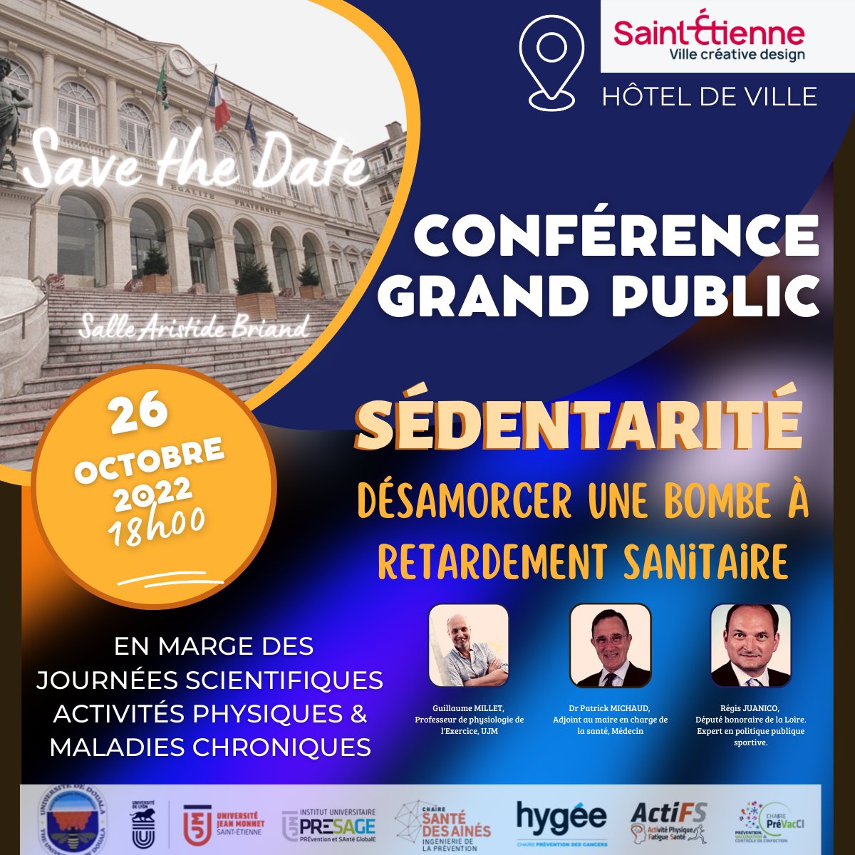 BoyerFlorence3's tweet photo. Les deuxièmes journées scientifiques  continues à #saintetienne avec la Conférence grand public : 

➡️Sédentarité - désamorcer une bombe à retardement sanitaire⬅️

🎤 avec Mr @GuillaumeMillet, Dr Patrick Michaud et  Mr Régis @Juanico https://t.co/G1q6SvWzgF