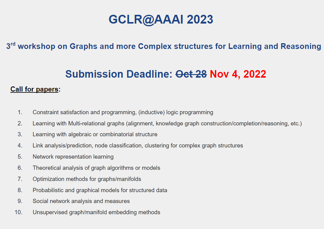 GclrW's tweet photo. Call for papers is open for the workshop on Graphs &amp; more Complex structures for Learning and Reasoning at AAAI-23 @RealAAAI 
 
Extended submission deadline: Nov 4, 2022

More details at https://t.co/iOPPiIKOxp

@ravi_iitm @gin_bianconi @PhilChodrow https://t.co/REd5wHFhJ5