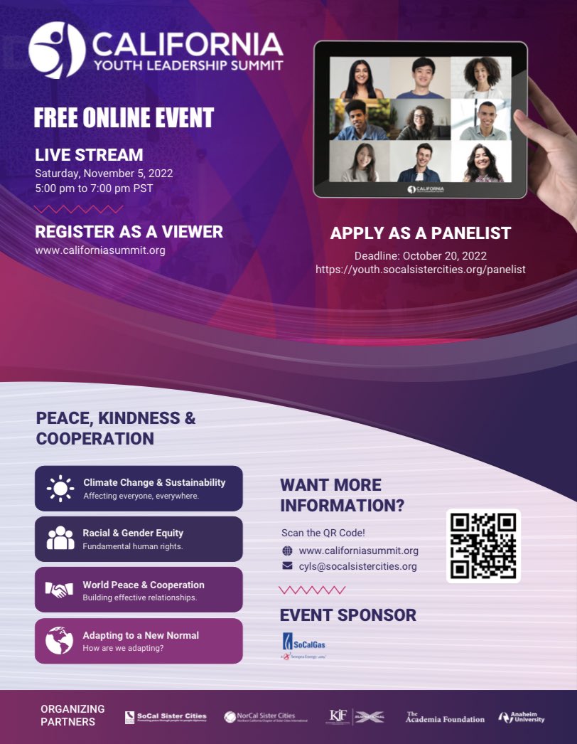 At KIF USA, we are happy to partner for California Youth Leadership Summit <a href="/CaliforniaYout1/">California Youth Leadership Summit</a> on November 5th at 5-7pm! This online event is for youth by youth with students attending from throughout California, as well as from over 100 countries throughout the world.